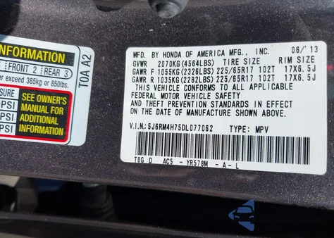 2013 Honda Cr-V Ex-L z USA, uszkodzony, nr VIN 5J6RM4H75DL077062